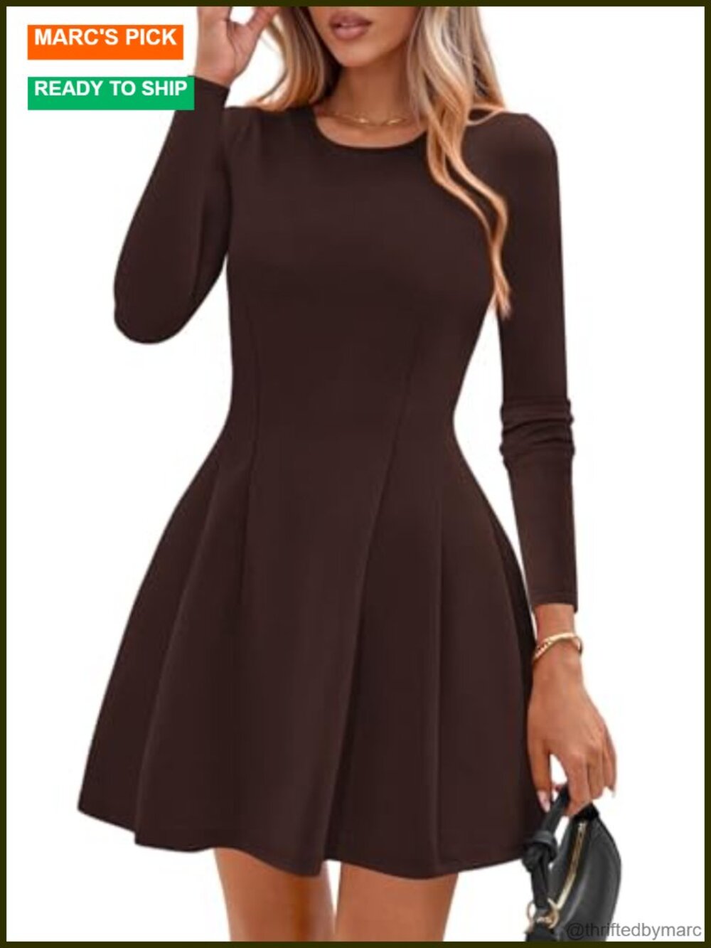 Women's Long Sleeve Pleated Mini Dress Soft Knit A-Line Swing Babydoll